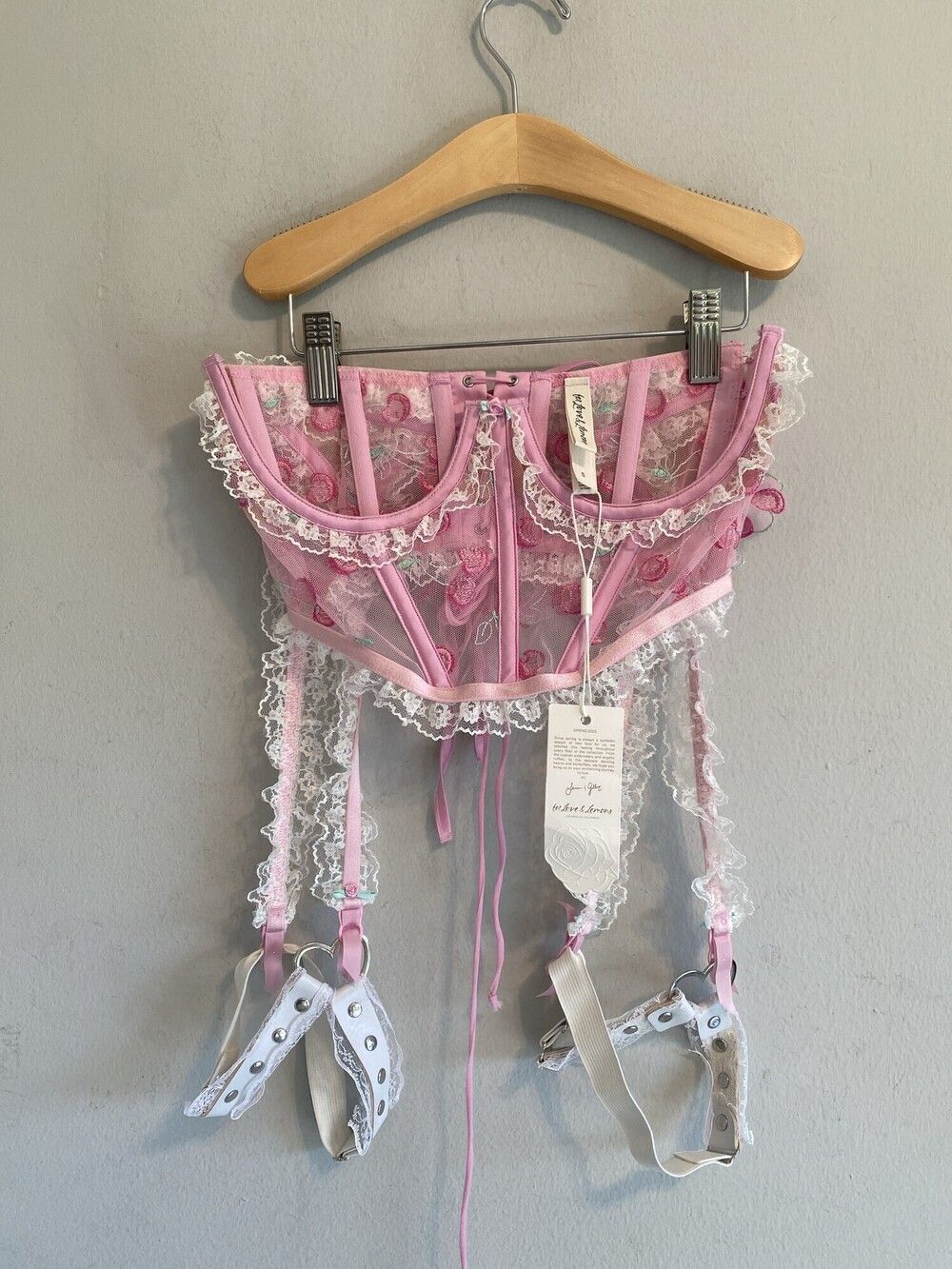 Rare New For Love & Lemons Cherry Pink Open Cup Bustier Garter Set Small NWT
